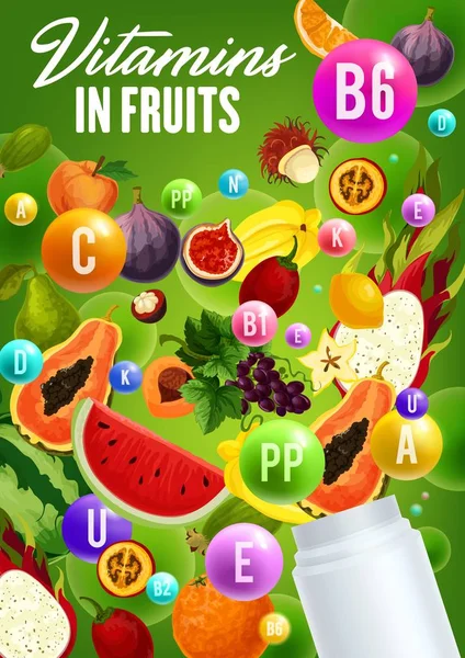 Komplex, természetes bio gyümölcsök, vitaminok — Stock Vector