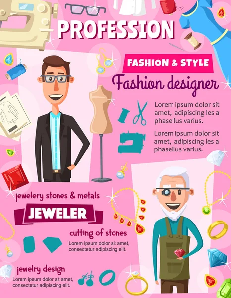 Jeweler gemstones and fashion designer professions — Stock Vector