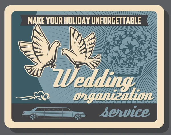 Organisation de mariage, limousine et service de fleurs — Image vectorielle