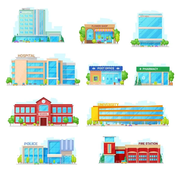 Commercial and municipal city buildings icons — Stock Vector