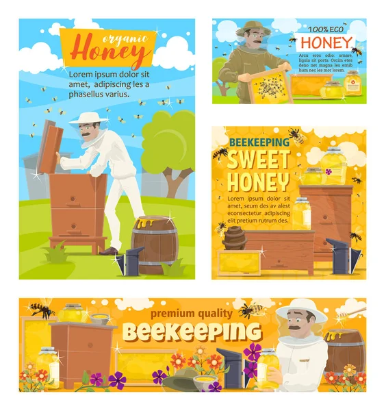 養蜂と養蜂家のはちみつ養蜂場 — ストックベクタ