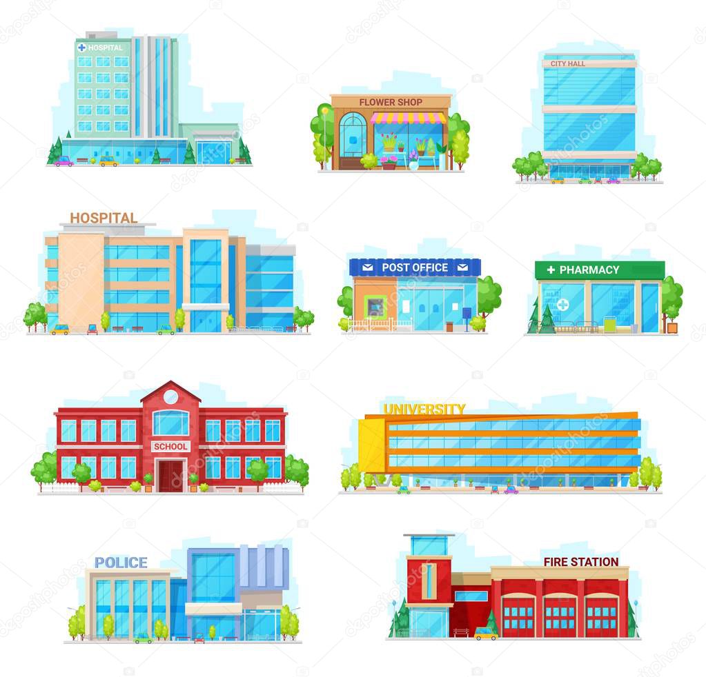 Commercial and municipal city buildings icons