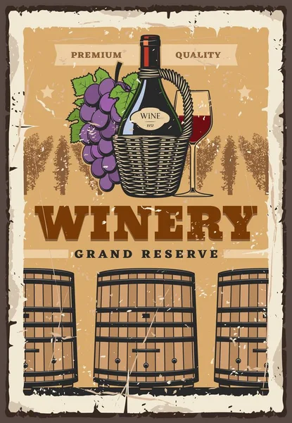 Wine bottle and barrel, winemaking and winery — Stock Vector