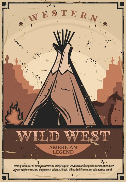 Vivienda Wigwam, Fuego del Salvaje Oeste y caballos — Vector de stock