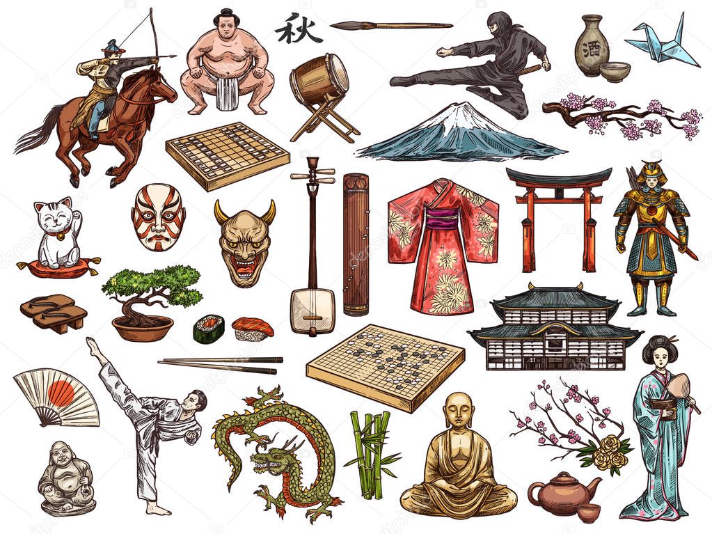 Japanese culture, religion vector symbols