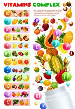 Fruits and berries vitamins complex, vector clipart