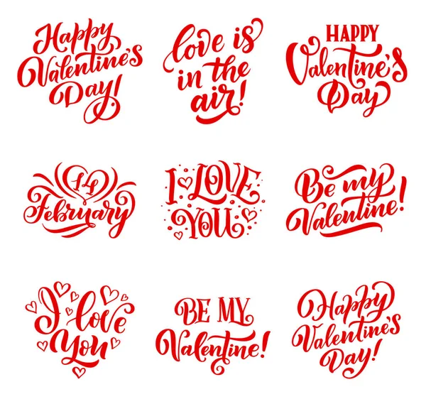幸せなバレンタインデー手描き書道テキスト グリーティング カードの願い お祝いの文字やフォント アイコンを私はフレーズと心あなたを愛して祭典および休日 または分離されたベクトルをまんじ — ストックベクタ