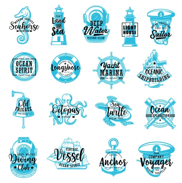 Nautical marine heraldic icons, lettering — Stock Vector