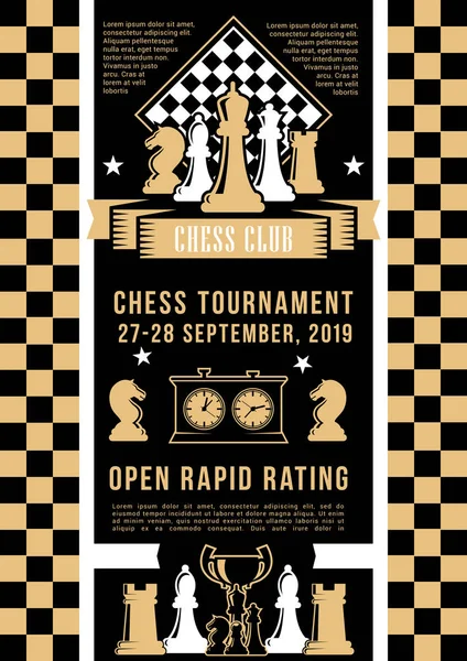 Chess tournament, speelstukken en timer — Stockvector