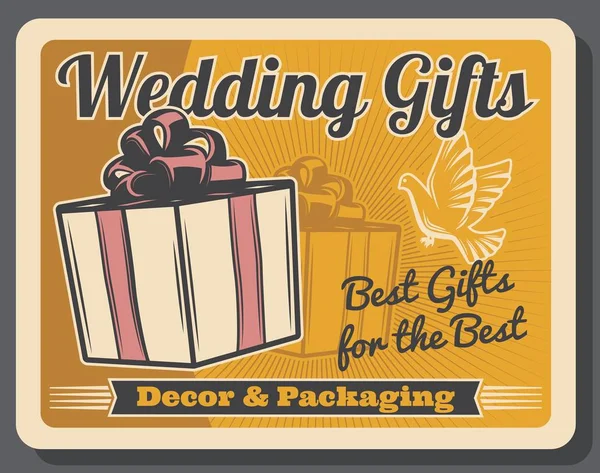 Wedding gifts. Retro packaging, decor and dove — Stock Vector