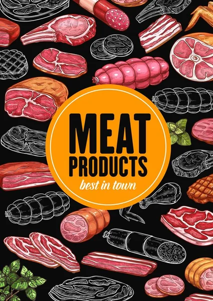 Butchery meat and sausages, basil leaves — Stock Vector