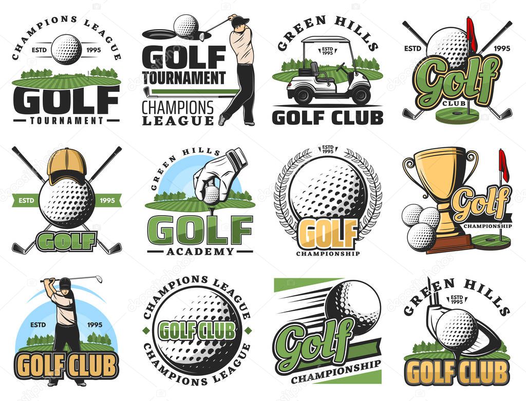 Golf sport game symbols and equipment icons. Vector golfer and ball, stick, cart, hole and golf course or field, gold trophy cup and tee. Championship symbols, green hills