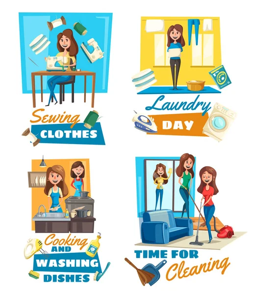 Costura e lavandaria, cozinhar, serviço de limpeza —  Vetores de Stock