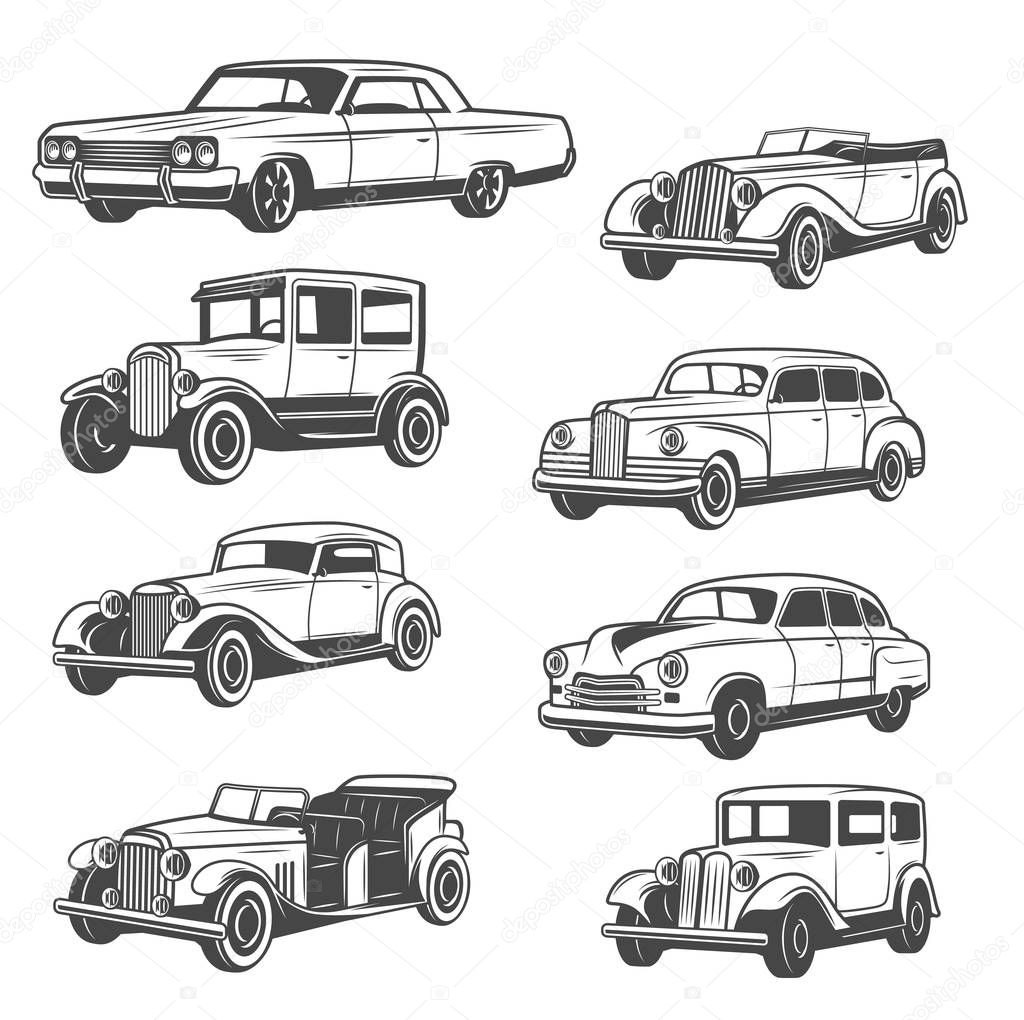 Isolated vector monochrome old vehicles