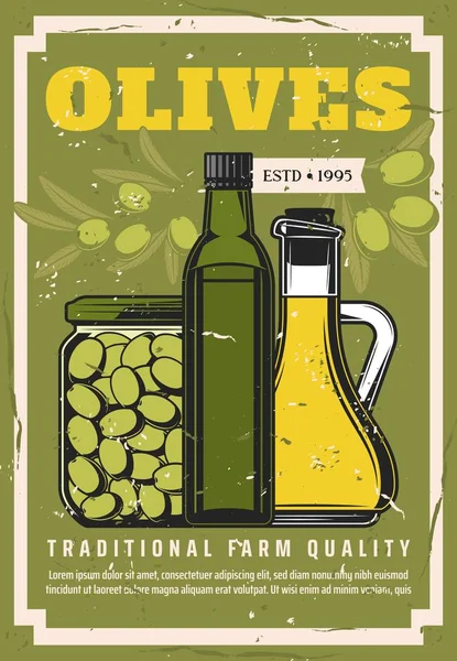 Olives, extra virgin olive oil in jars or bottles Stock Vector