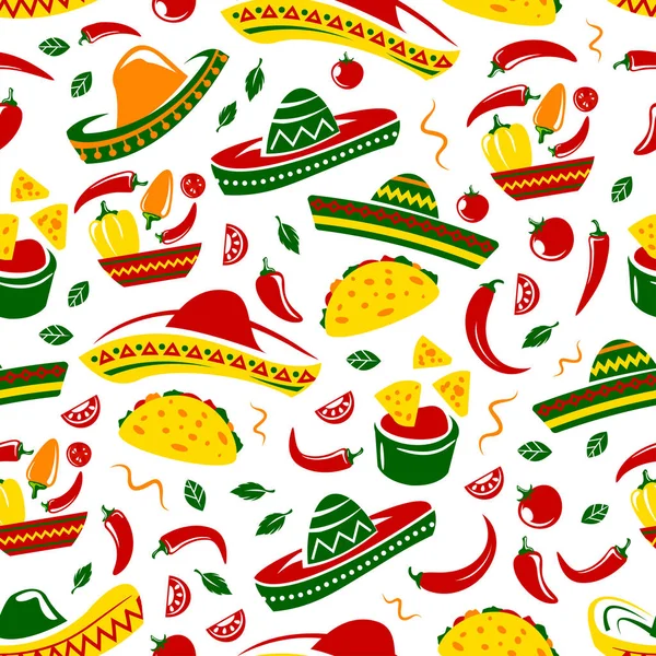 Masakan Meksiko makanan dan pola mulus sombrero - Stok Vektor