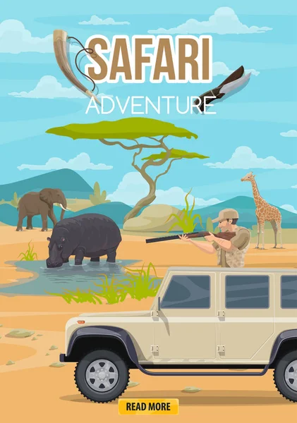 Safari äventyr hunter och afrikanska djur — Stock vektor
