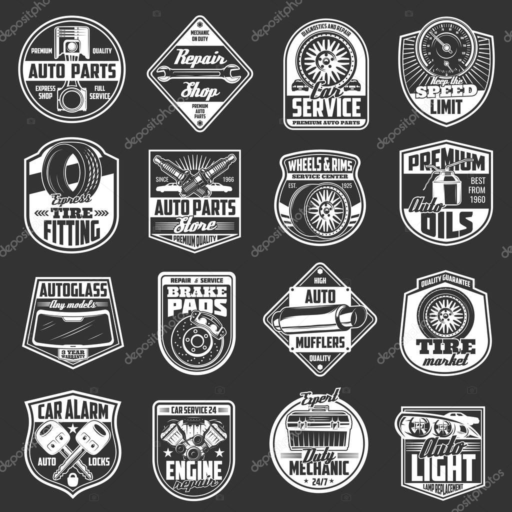 Car spare parts, automobile service icons. Vector automotive repair tools, vehicle spark plug diagnostics, wrench and muffler, auto transport tire pumping and windshield autoglass restoration garage