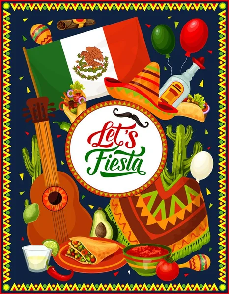 Gitár, sombrero, mexikói zászló és a fiesta élelmiszer — Stock Vector