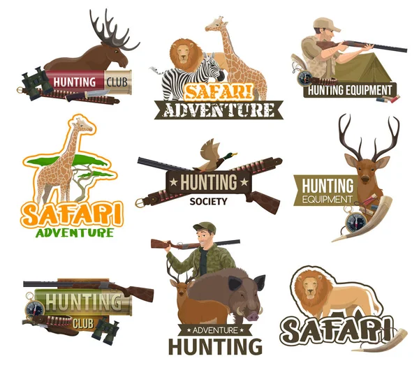 Szafari-vadászat club, afrikai állatok vadászni ikonok — Stock Vector