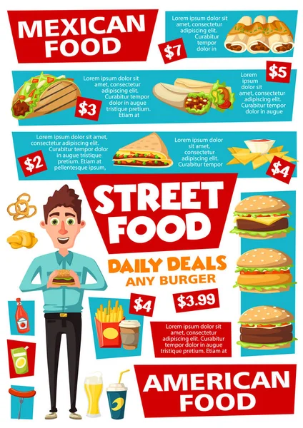 Fast food i ulicy żywności menu przekąsek — Wektor stockowy