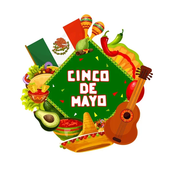 Sombrero, guitarra e maracas. Cinco de Mayo festa —  Vetores de Stock