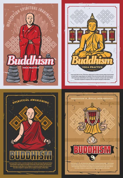 Buddhismen religion symboler och buddhistiska munkar — Stock vektor