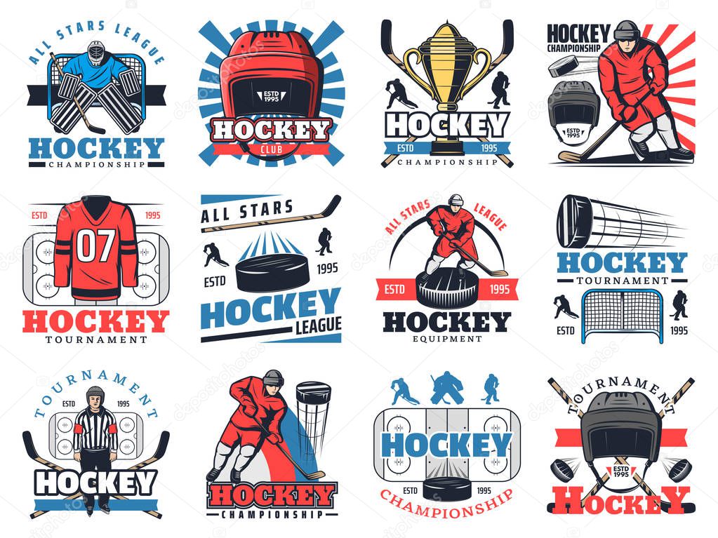 Ice hockey sport club or championship game icons. Vector symbols of ice hockey tournament cup, equipment and players with puck and hockey stick, goalkeeper to defenseman at gates and referee whistle