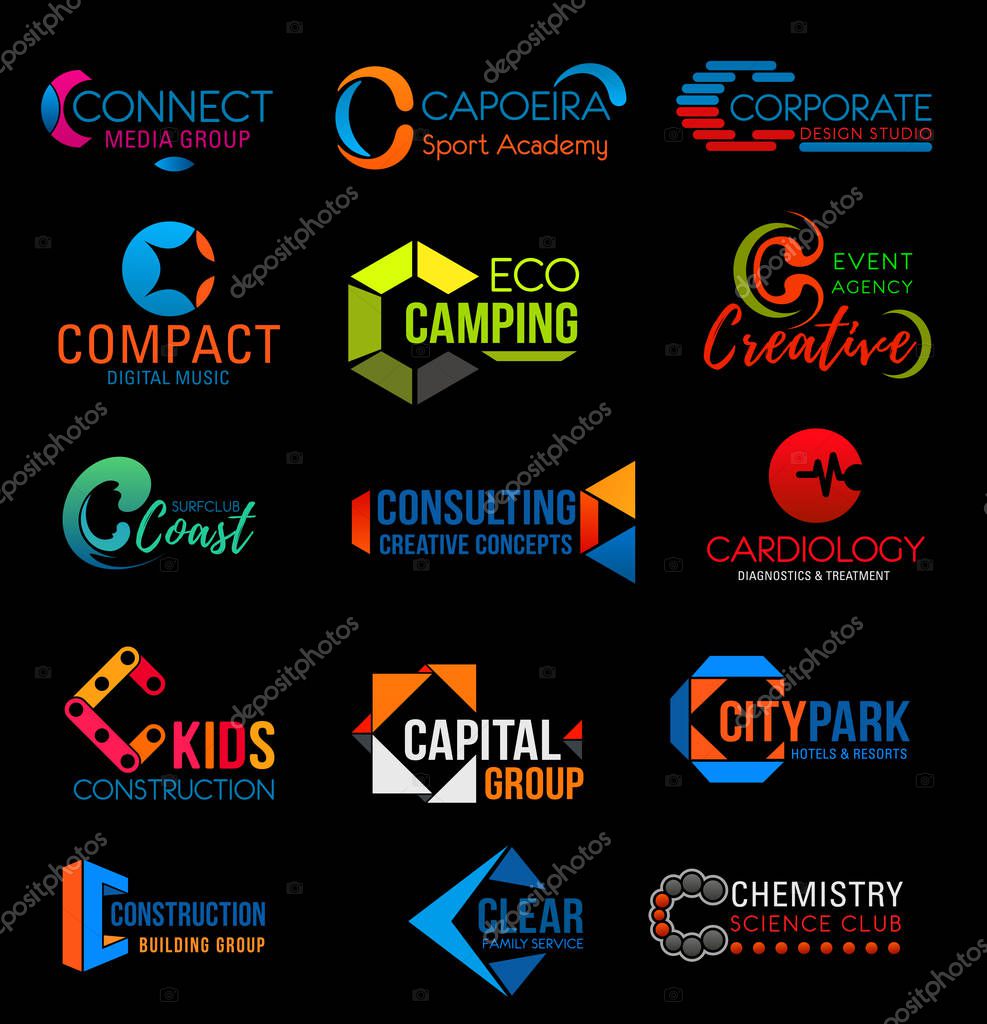 Letter C corporate identity icons of cardiology medical clinic, creative concept consulting agency and construction or building group. Vector C symbols of city park, science club or eco camping travel