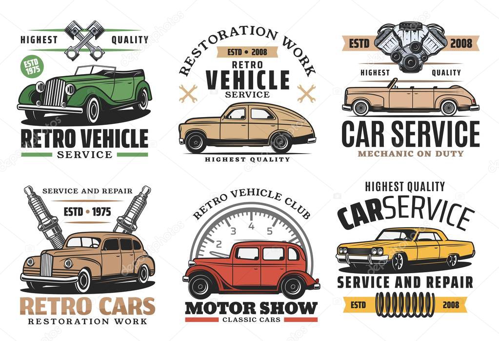 Retro cars service, vintage motor museum show and exhibition icons. Vector vintage automobile spare parts store, diagnostic or repair station and automotive mechanic garage