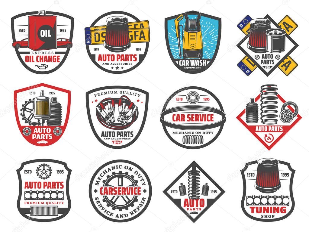 Auto spare parts store, car service diagnostic and restoration station icons. Vector automotive mechanic service, car wash, engine oil filter and gasket change, chassis shock absorber or tire fitting