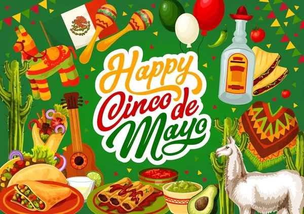 Happy Cinco de Mayo Mexická tequila a kytara — Stockový vektor