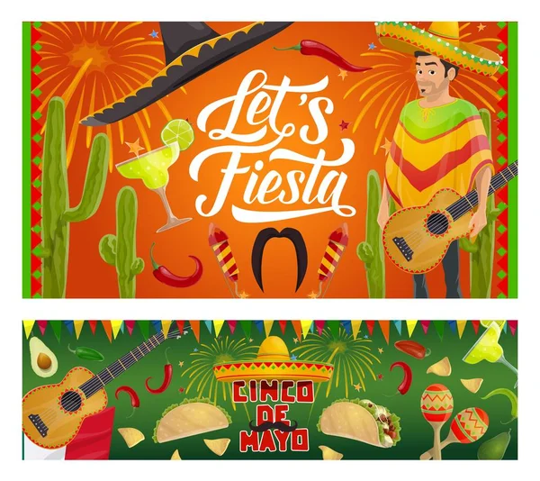 Mexican Cinco de Mayo sombrero, chitarra, cactus — Vettoriale Stock