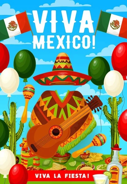 Cinco de Mayo sombrero messicano, poncho e chitarra — Vettoriale Stock