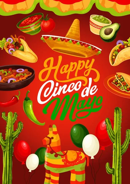 Cinco de Mayo Makanan fiesta Meksiko dan pinata - Stok Vektor