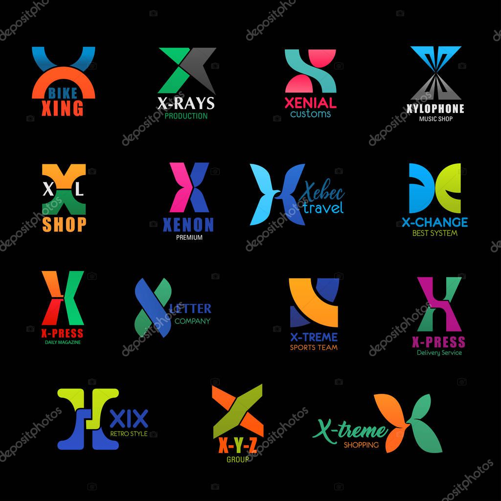 Letter X icons and corporate identity symbols of music shop, travel agency or premium brand store. Vector X signs of X-ray, XXL or xenon technology and extreme sport club and express delivery service