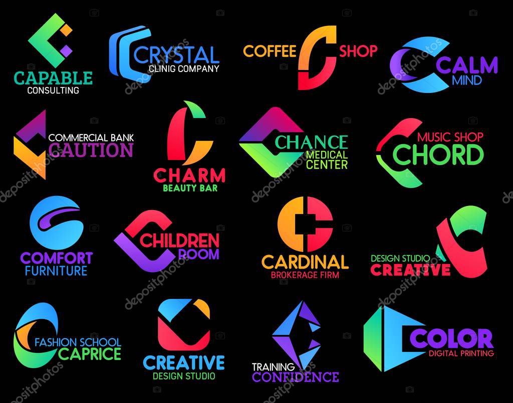 C icons of coffee shop or cafe sign, commercial bank and creative design studio. Vector corporate identity letter C symbols of beauty bar, digital printhouse and furniture store or cleaning service