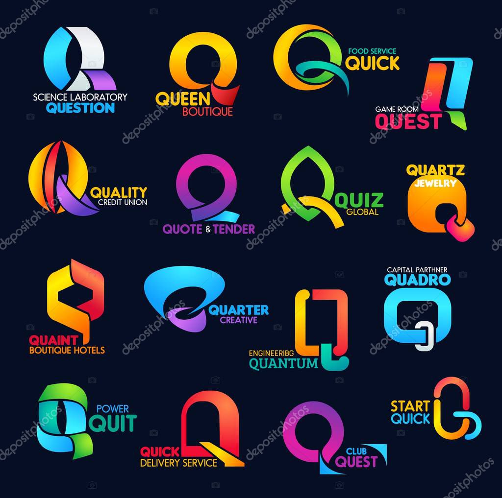 Letter Q font icons modern typography, business company and corporate identity. Science laboratory, fashion boutique or food service and bank finance industry vector Q abstract symbols
