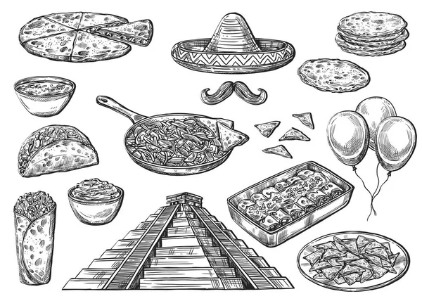 Mexická národní jídlo a Cinco de Mayo známky — Stockový vektor