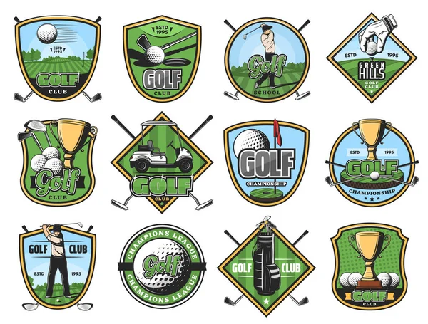 Iconos del deporte de golf, golfista y artículos deportivos — Vector de stock