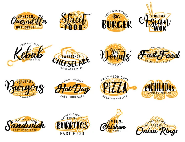 Straat fast food en snack pictogrammen, belettering — Stockvector