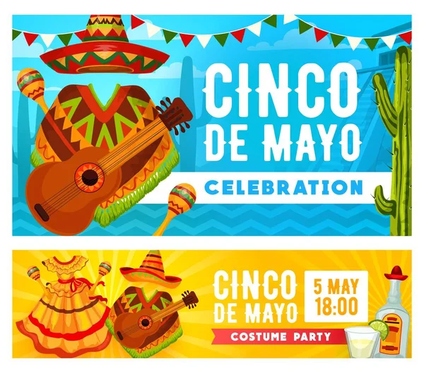 Mexické sombrero, kytara, marakas. Cinco de Mayo — Stockový vektor