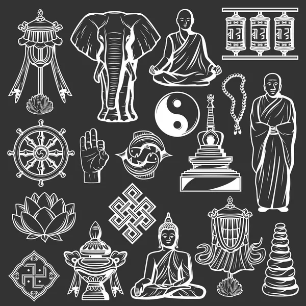 Religião budista e ícones da cultura, espiritualidade — Vetor de Stock