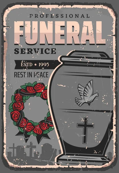 Κηδεία, ταφή urn στεφάνι σκόνης, τριαντάφυλλο — Διανυσματικό Αρχείο