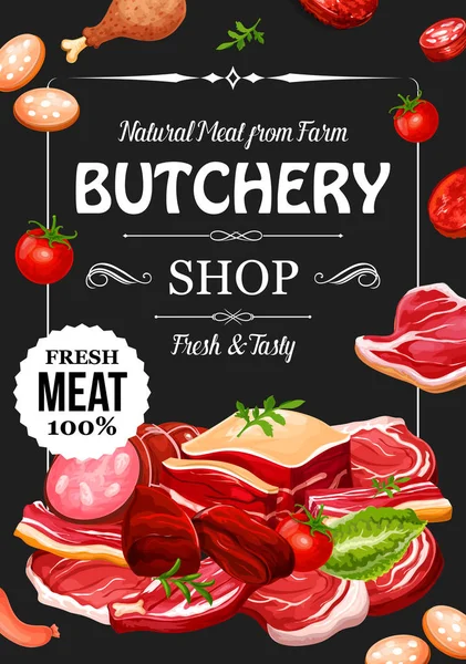 Húsipari bolt, hús és kolbász, fűszerek — Stock Vector