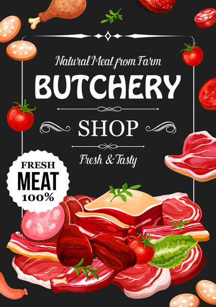 Butchery shop, meat and sausage, seasonings