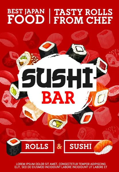Sushi japonês e bar de rolos, cozinha do Japão —  Vetores de Stock