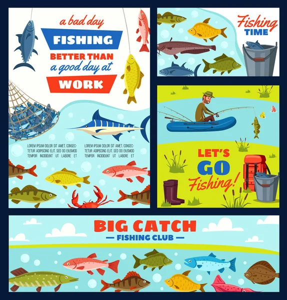 Pêcheurs et articles de pêche, poissons et articles de pêche — Image vectorielle