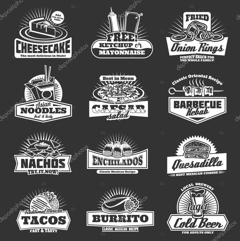 Fast food restaurant icons with snacks. Cheesecake dessert and ketchup or mayonnaise sauces, onion rings and Asian noodles. Vector Caesar salad and barbecue, nachos and enchiladas, tacos and beer