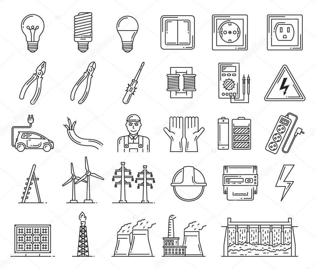 Electric power electricity repair tools line icons